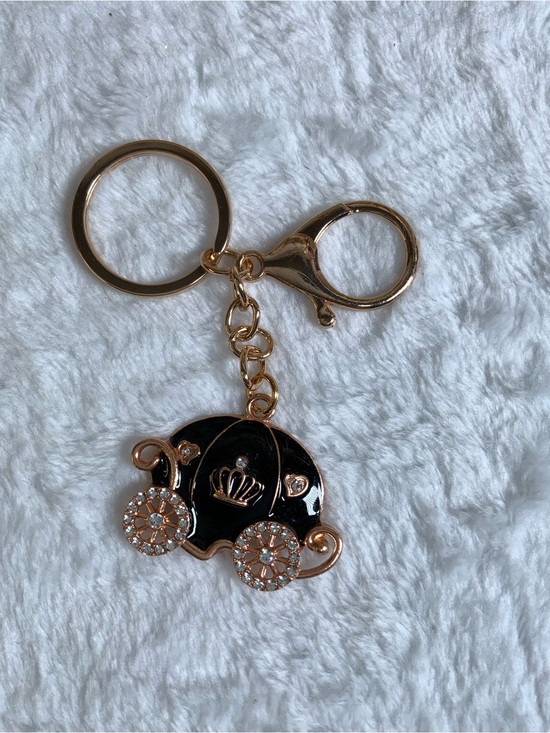 Accessories - Gold-Tone Black Enamel Carriage Keychain with Rhinestone Wheels